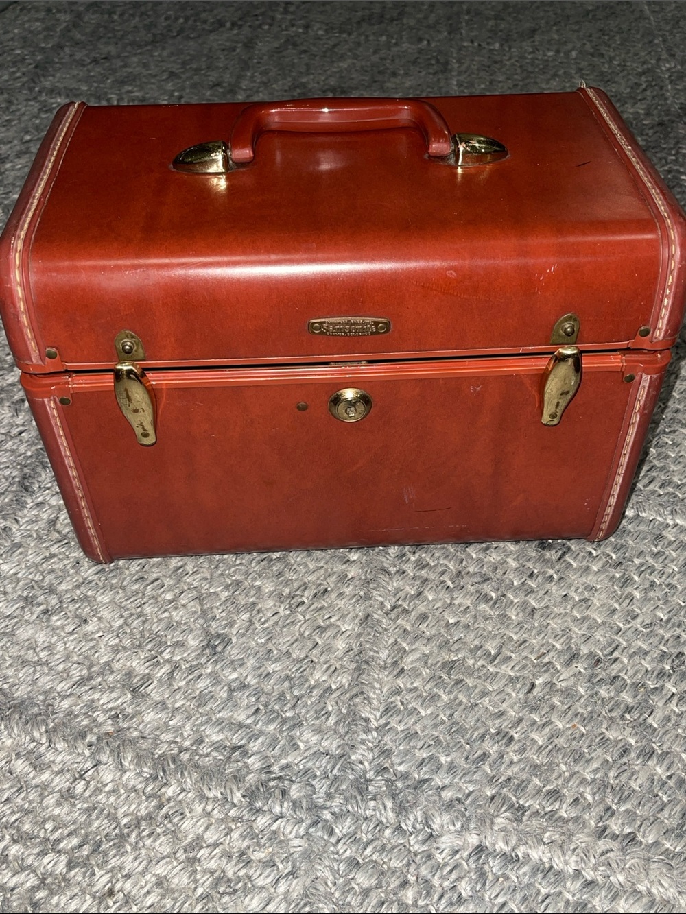 Samsonite Rust Brown Leather Vanity Case with Brass Hardware